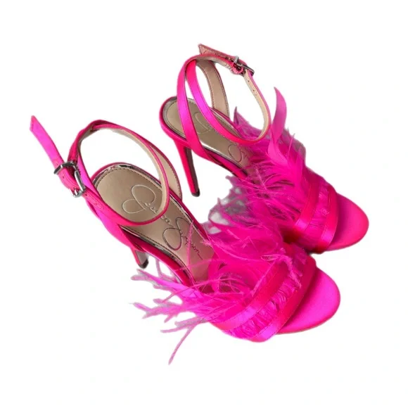Jessica Simpson Raelin Neon Pink Feathered Strappy High Heels - Picture 3 of 8